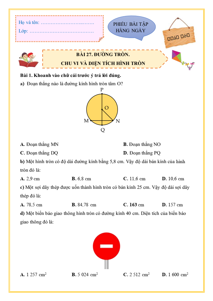 Bài tập hàng ngày Toán lớp 5 Bài 27: Đường tròn. Chu vi và diện tích hình tròn | Kết nối tri thức