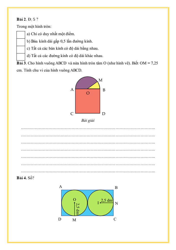Bài tập hàng ngày Toán lớp 5 Bài 27: Đường tròn. Chu vi và diện tích hình tròn | Kết nối tri thức