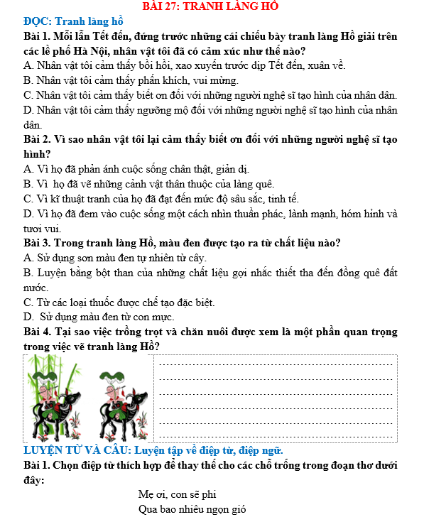 Bài tập hàng ngày Tiếng Việt lớp 5 Bài 27: Tranh làng Hồ | Kết nối tri thức