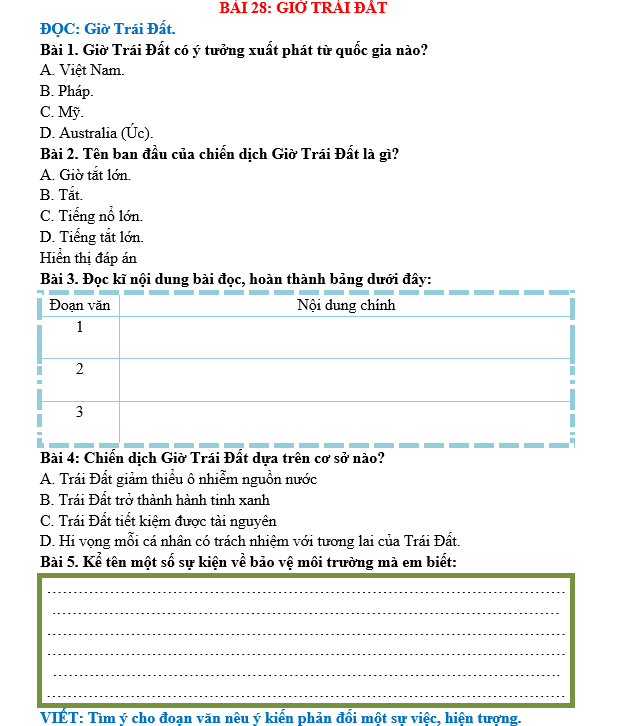 Bài tập hàng ngày Tiếng Việt lớp 5 Bài 28: Giờ Trái Đất | Kết nối tri thức