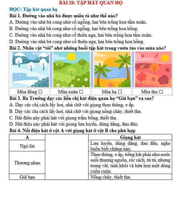 Bài tập hàng ngày Tiếng Việt lớp 5 Bài 28: Tập hát quan họ | Kết nối tri thức