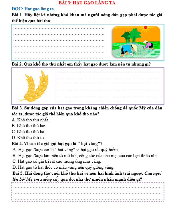 Bài tập hàng ngày Tiếng Việt lớp 5 Bài 3: Hạt gạo làng ta | Kết nối tri thức