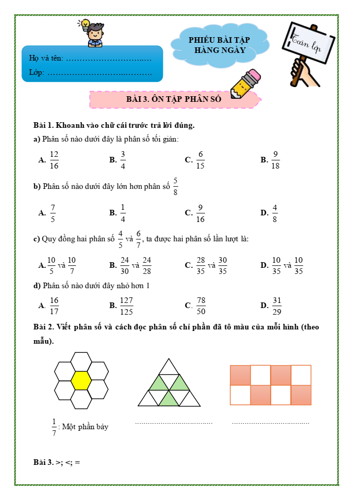 Bài tập hàng ngày Toán lớp 5 Bài 3: Ôn tập phân số | Kết nối tri thức