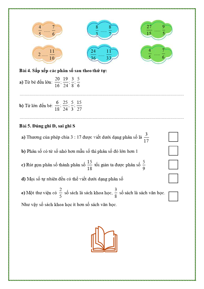Bài tập hàng ngày Toán lớp 5 Bài 3: Ôn tập phân số | Kết nối tri thức