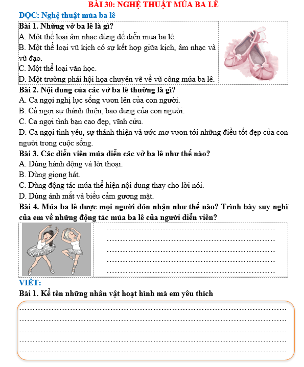 Bài tập hàng ngày Tiếng Việt lớp 5 Bài 30: Nghệ thuật múa ba lê | Kết nối tri thức