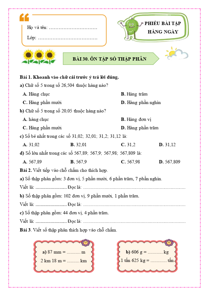 Bài tập hàng ngày Toán lớp 5 Bài 30: Ôn tập số thập phân | Kết nối tri thức