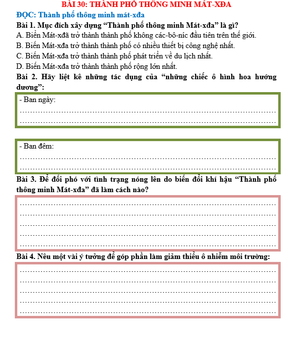 Bài tập hàng ngày Tiếng Việt lớp 5 Bài 30: Thành phố thông minh Mát-xđa | Kết nối tri thức