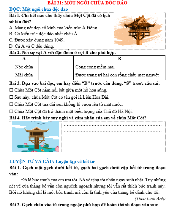 Bài tập hàng ngày Tiếng Việt lớp 5 Bài 31: Một ngôi chùa độc đáo | Kết nối tri thức