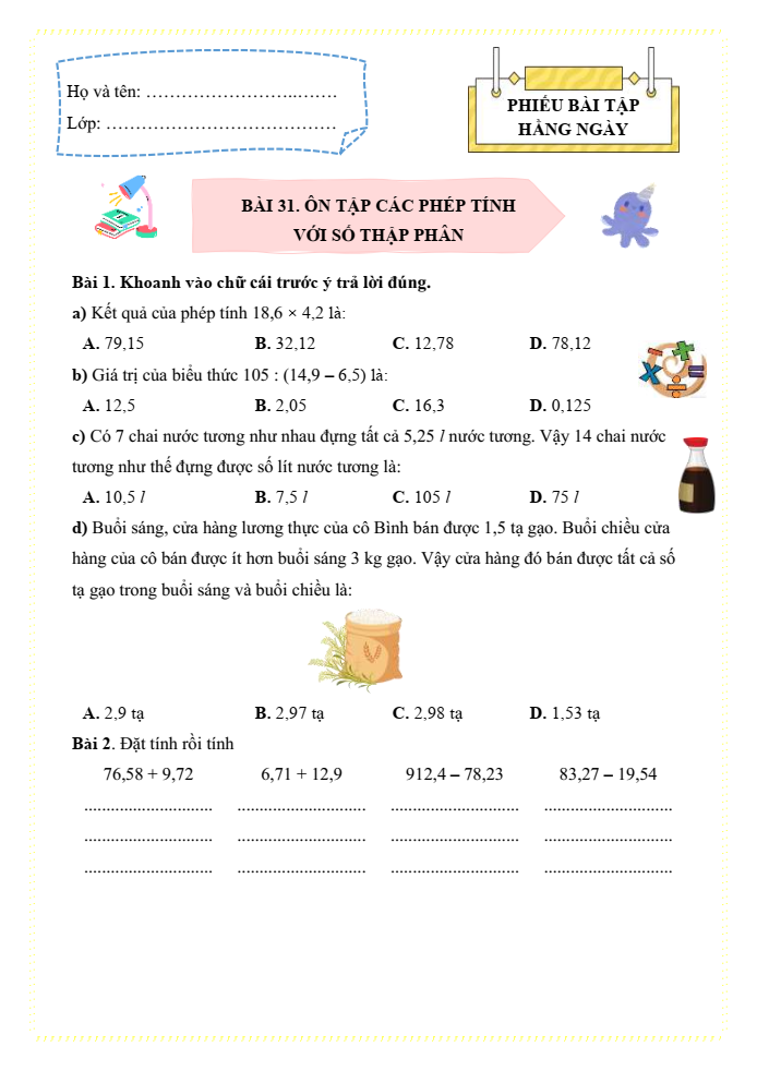 Bài tập hàng ngày Toán lớp 5 Bài 31: Ôn tập các phép tính với số thập phân | Kết nối tri thức