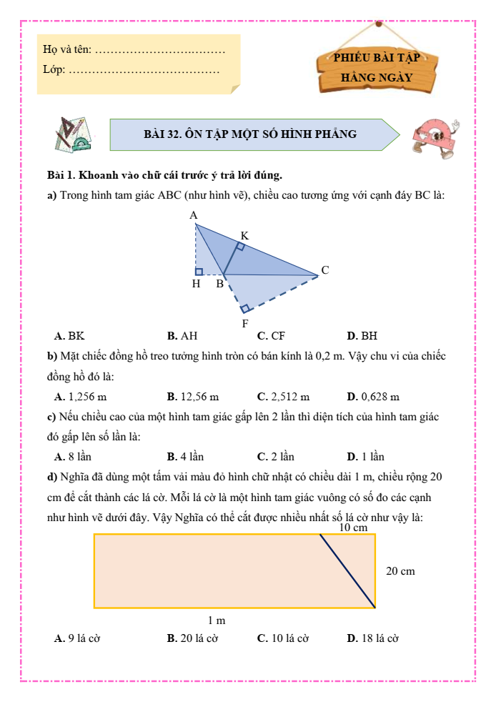 Bài tập hàng ngày Toán lớp 5 Bài 32: Ôn tập một số hình phẳng | Kết nối tri thức