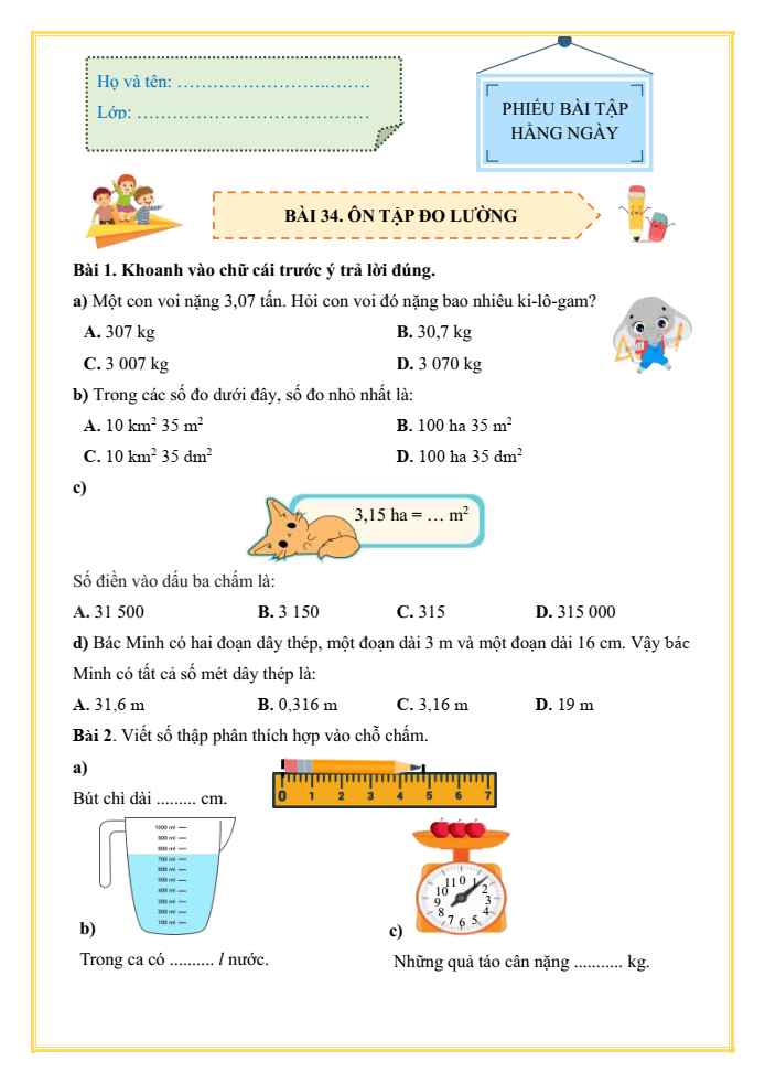 Bài tập hàng ngày Toán lớp 5 Bài 34: Ôn tập đo lường | Kết nối tri thức