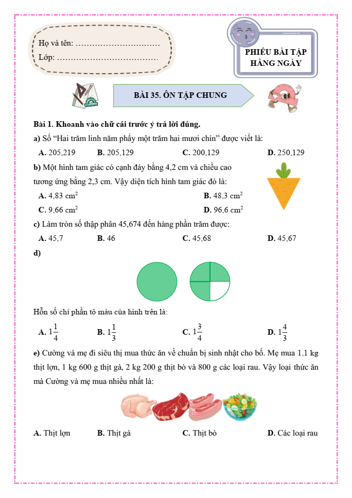 Bài tập hàng ngày Toán lớp 5 Bài 35: Ôn tập chung | Kết nối tri thức