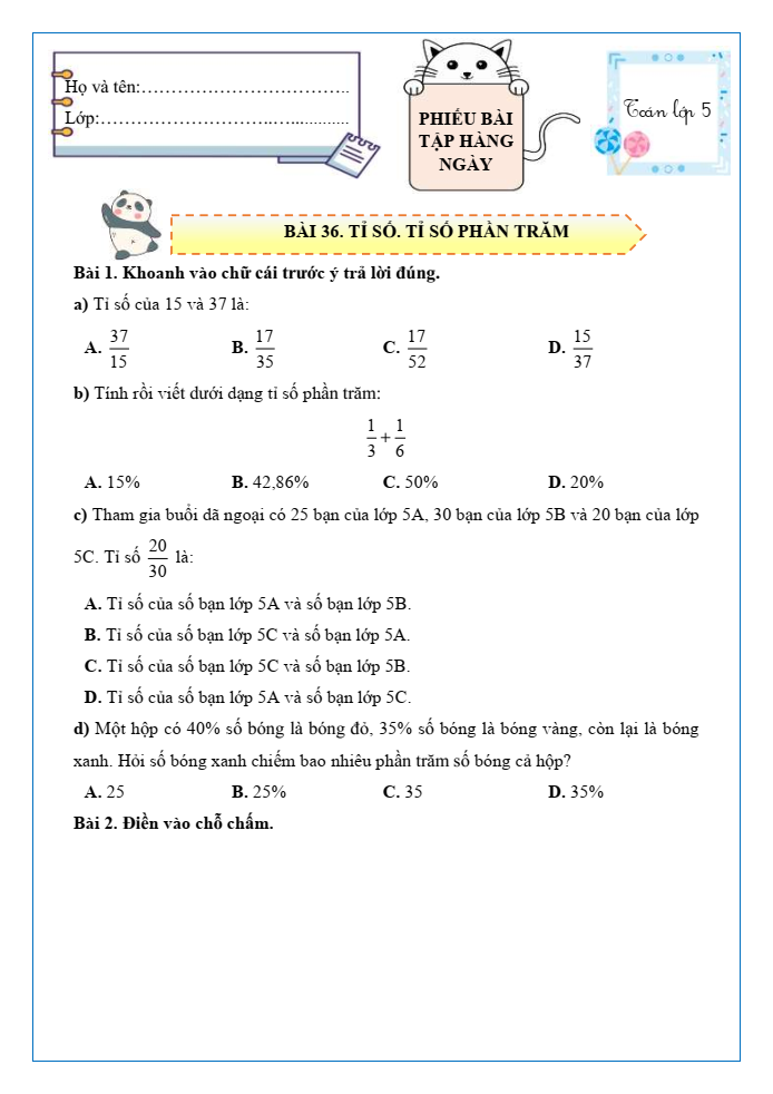 Bài tập hàng ngày Toán lớp 5 Bài 36: Tỉ số. Tỉ số phần trăm | Kết nối tri thức