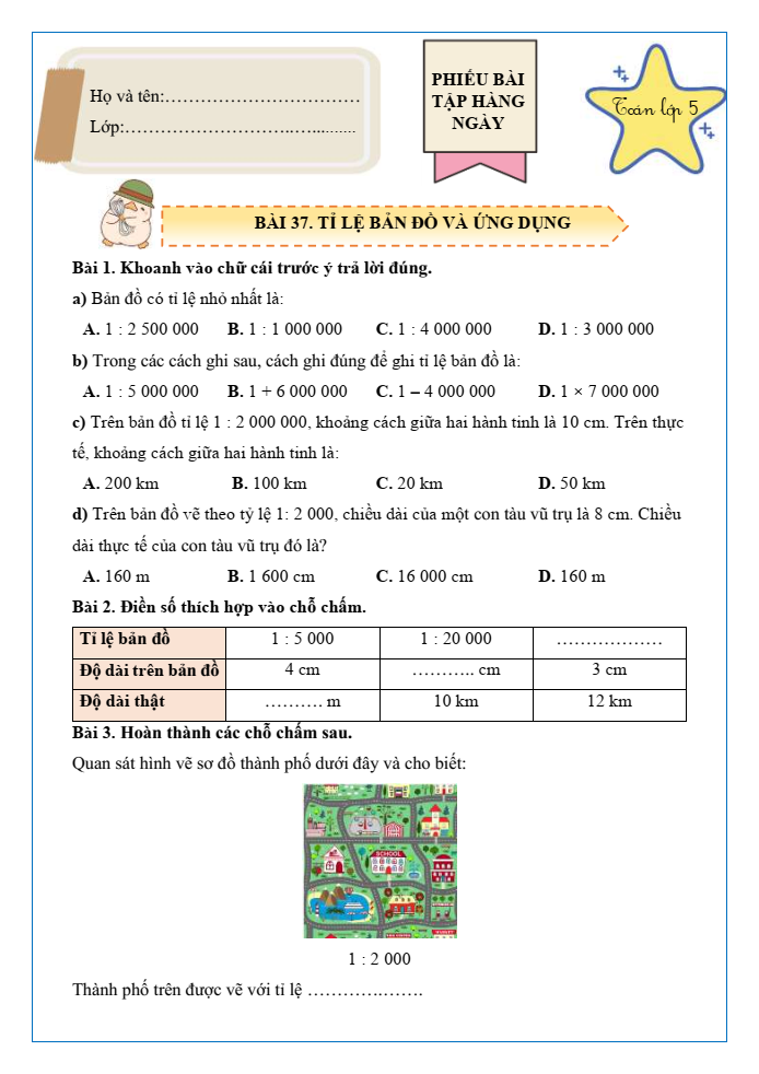 Bài tập hàng ngày Toán lớp 5 Bài 37: Tỉ lệ bản đồ và ứng dụng | Kết nối tri thức