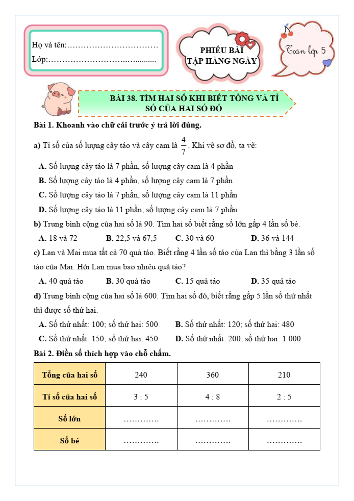 Bài tập hàng ngày Toán lớp 5 Bài 38: Tìm hai số khi biết tổng và tỉ số của hai số đó | Kết nối tri thức