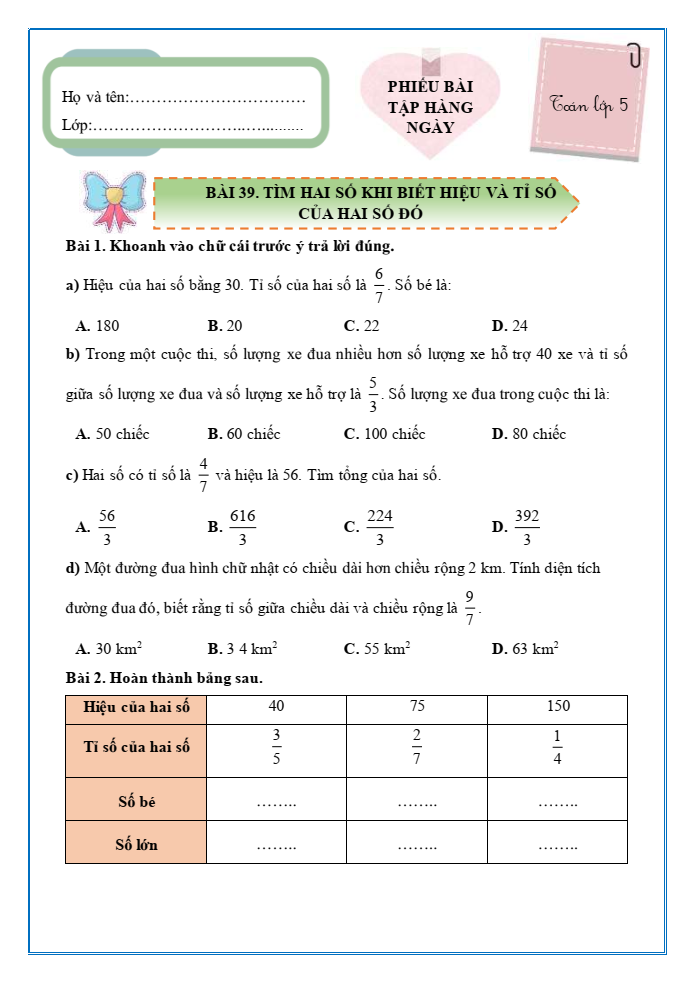 Bài tập hàng ngày Toán lớp 5 Bài 39: Tìm hai số khi biết hiệu và tỉ số của hai số đó | Kết nối tri thức