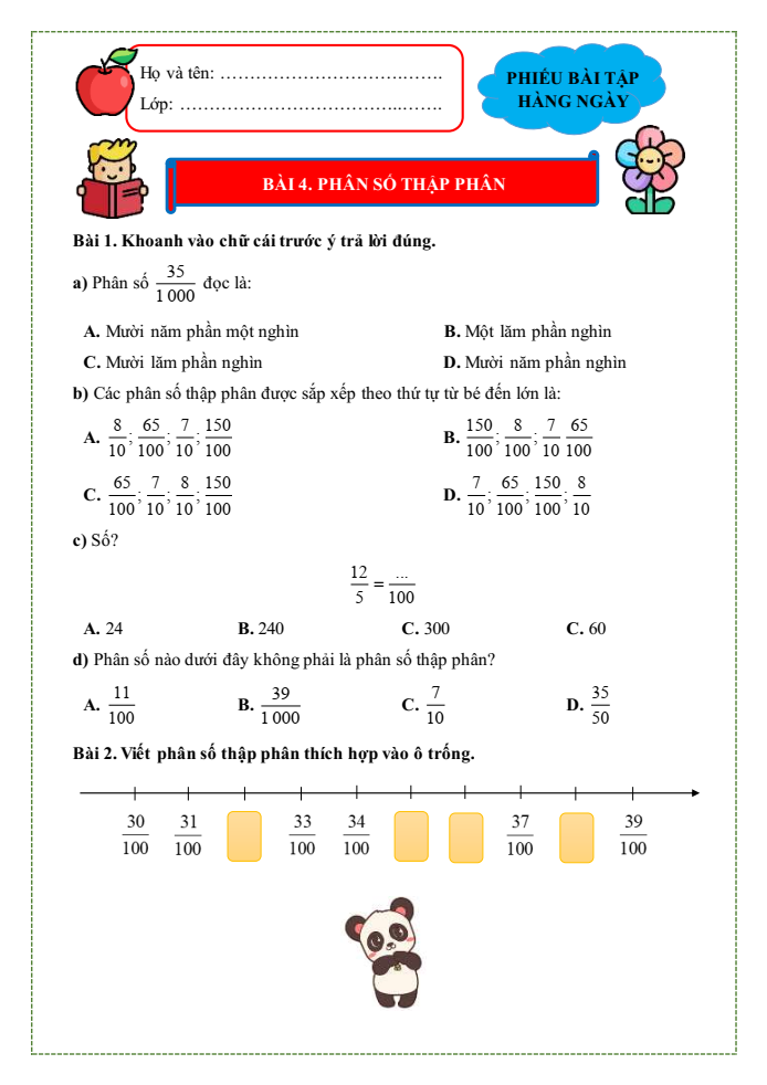 Bài tập hàng ngày Toán lớp 5 Bài 4: Phân số thập phân | Kết nối tri thức