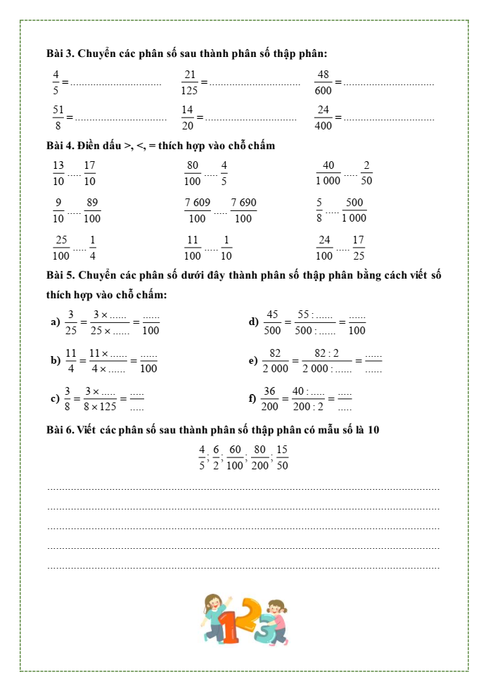Bài tập hàng ngày Toán lớp 5 Bài 4: Phân số thập phân | Kết nối tri thức
