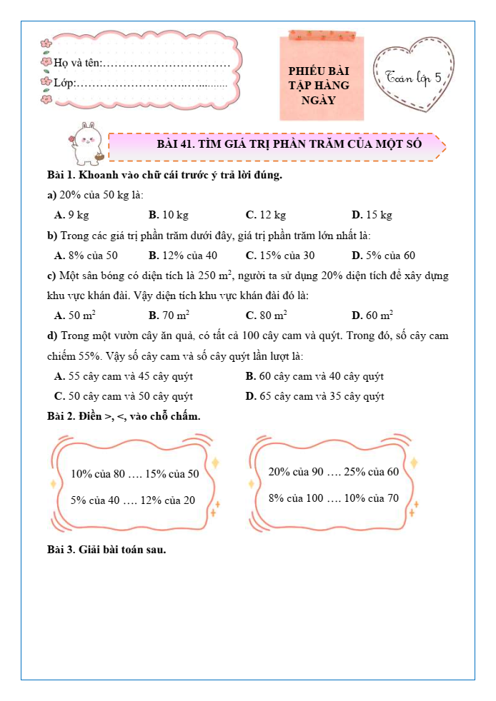 Bài tập hàng ngày Toán lớp 5 Bài 41: Tìm giá trị phần trăm của một số | Kết nối tri thức