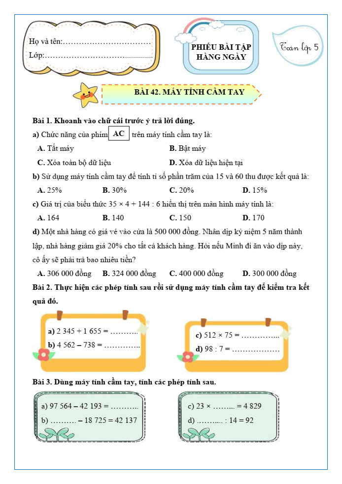 Bài tập hàng ngày Toán lớp 5 Bài 42: Máy tính cầm tay | Kết nối tri thức
