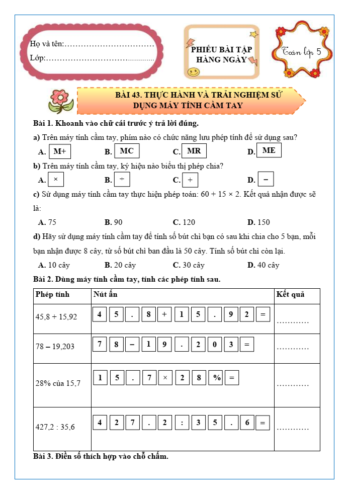 Bài tập hàng ngày Toán lớp 5 Bài 43: Thực hành và trải nghiệm sử dụng máy tính cầm tay | Kết nối tri thức