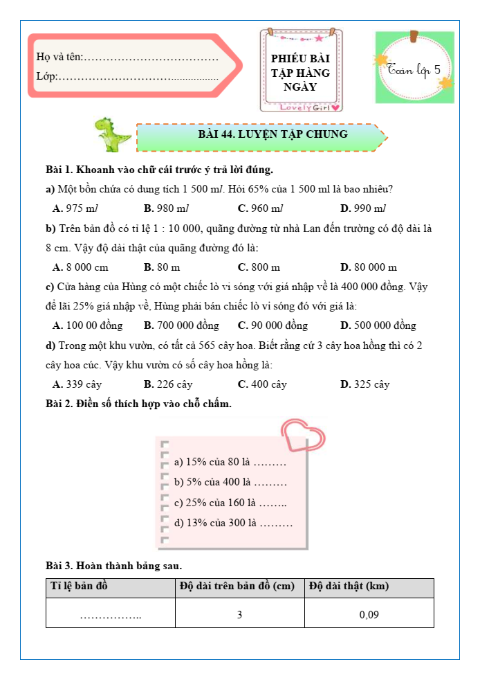 Bài tập hàng ngày Toán lớp 5 Bài 44: Luyện tập chung | Kết nối tri thức