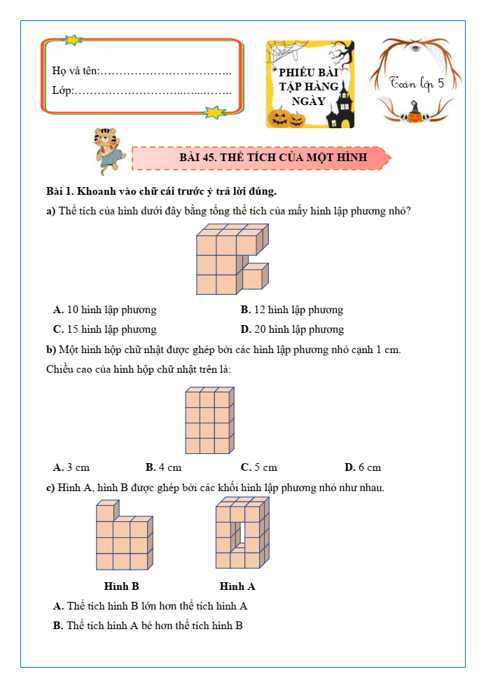 Bài tập hàng ngày Toán lớp 5 Bài 45: Thể tích của một hình | Kết nối tri thức