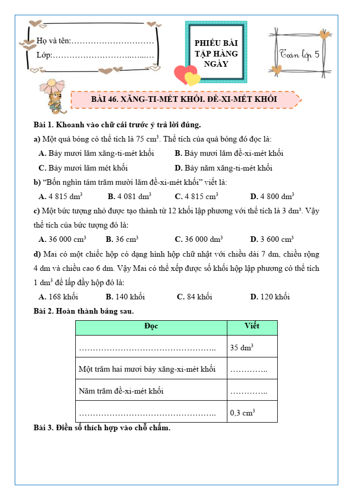 Bài tập hàng ngày Toán lớp 5 Bài 46: Xăng-ti-mét khối. Đề-xi-mét khối | Kết nối tri thức