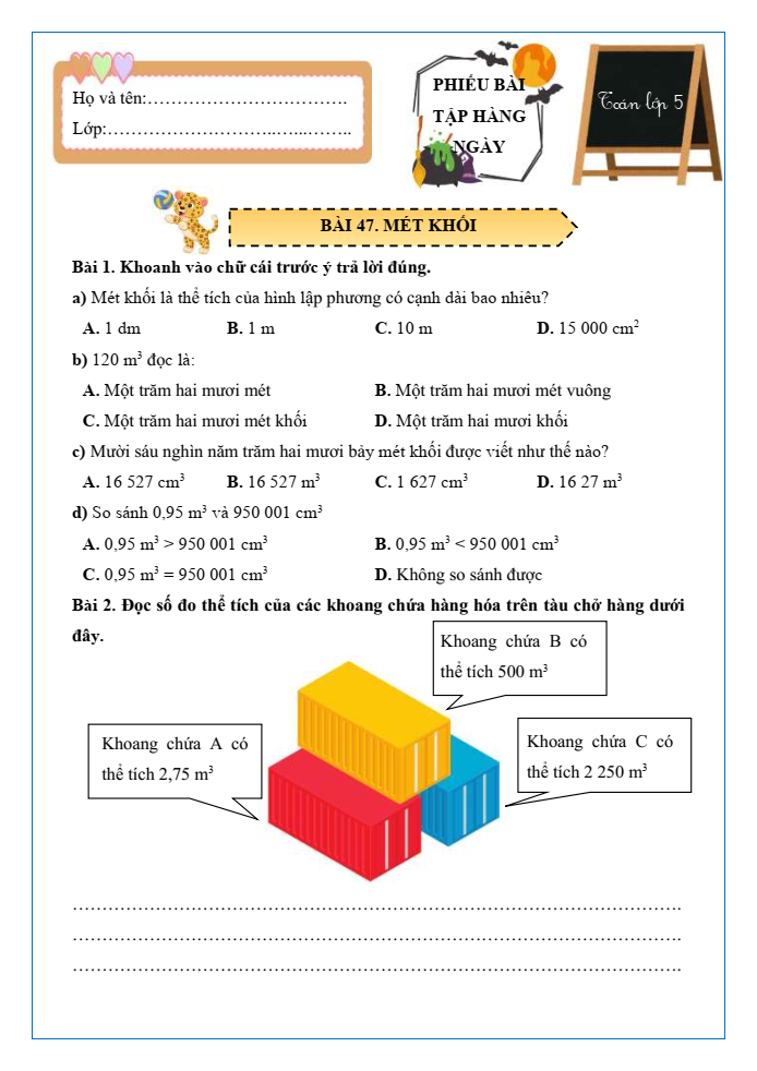 Bài tập hàng ngày Toán lớp 5 Bài 47: Mét khối | Kết nối tri thức