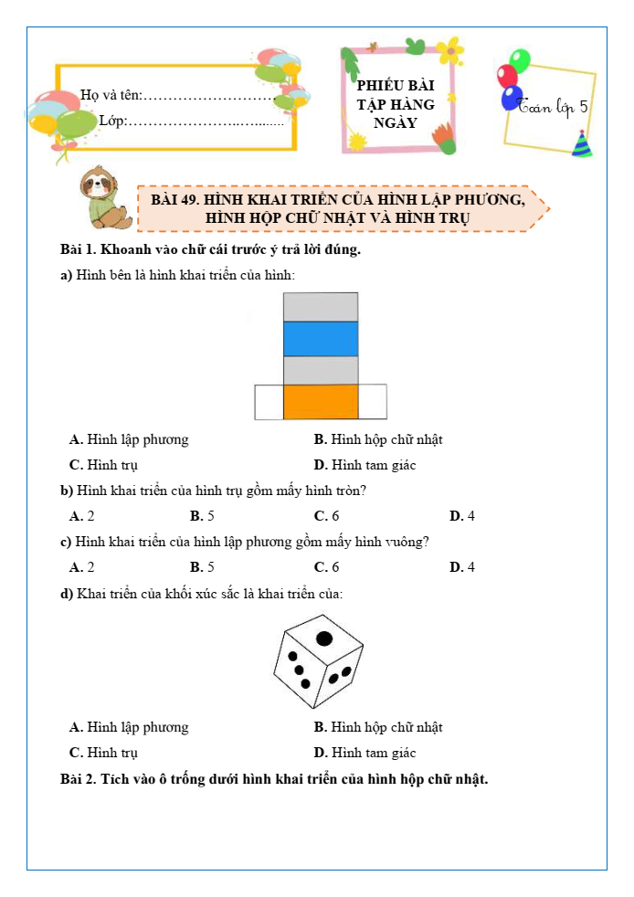 Bài tập hàng ngày Toán lớp 5 Bài 49: Hình khai triển của hình lập phương, hình hộp chữ nhật và hình trụ | Kết nối tri thức