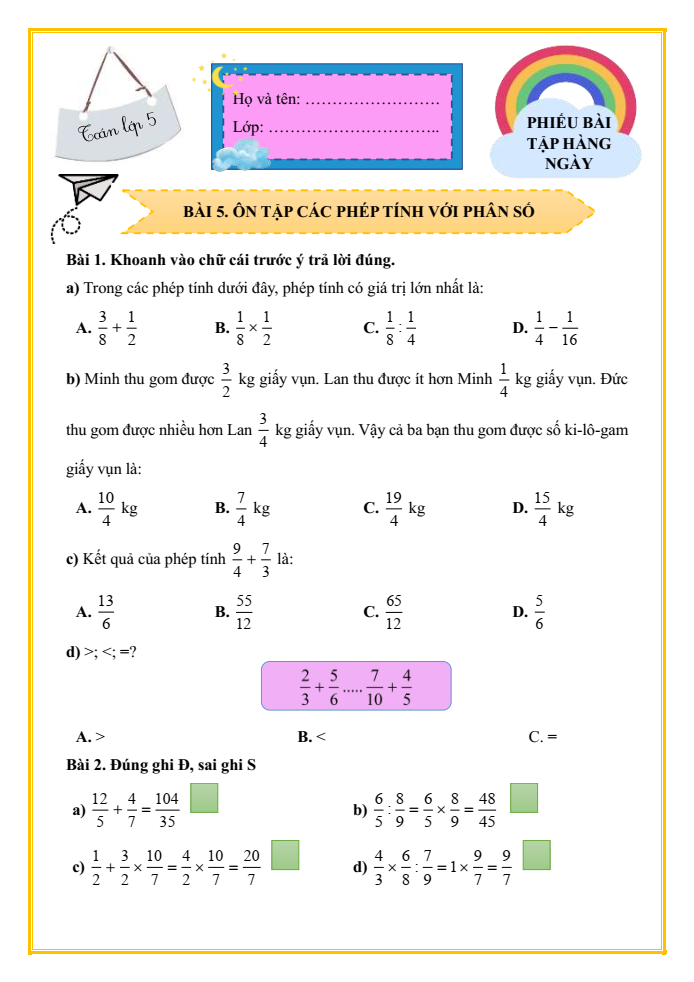 Bài tập hàng ngày Toán lớp 5 Bài 5: Ôn tập các phép tính với phân số | Kết nối tri thức