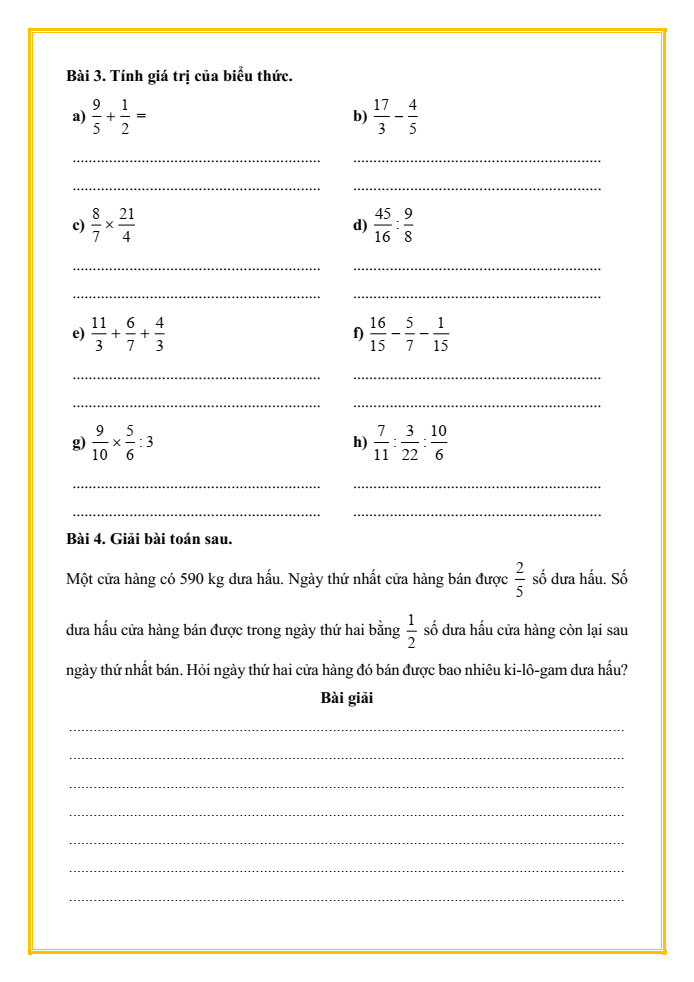 Bài tập hàng ngày Toán lớp 5 Bài 5: Ôn tập các phép tính với phân số | Kết nối tri thức