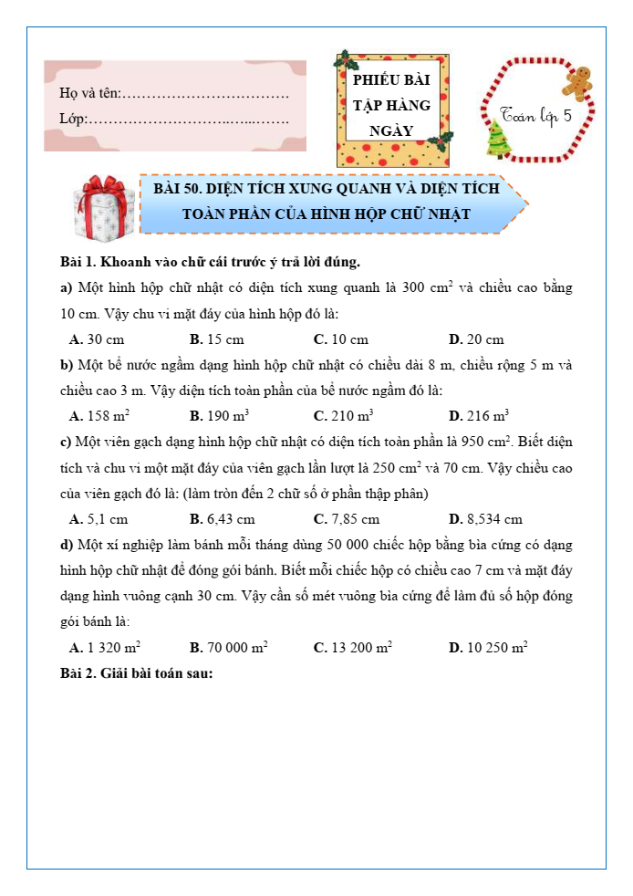 Bài tập hàng ngày Toán lớp 5 Bài 50: Diện tích xung quanh và diện tích toàn phần của hình hộp chữ nhật | Kết nối tri thức