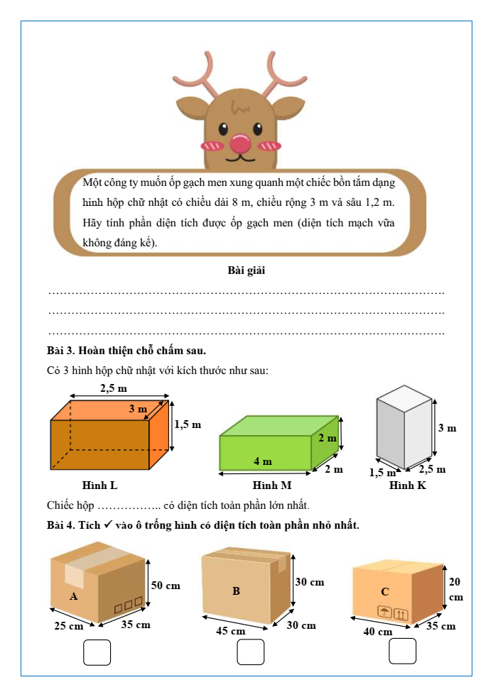 Bài tập hàng ngày Toán lớp 5 Bài 50: Diện tích xung quanh và diện tích toàn phần của hình hộp chữ nhật | Kết nối tri thức