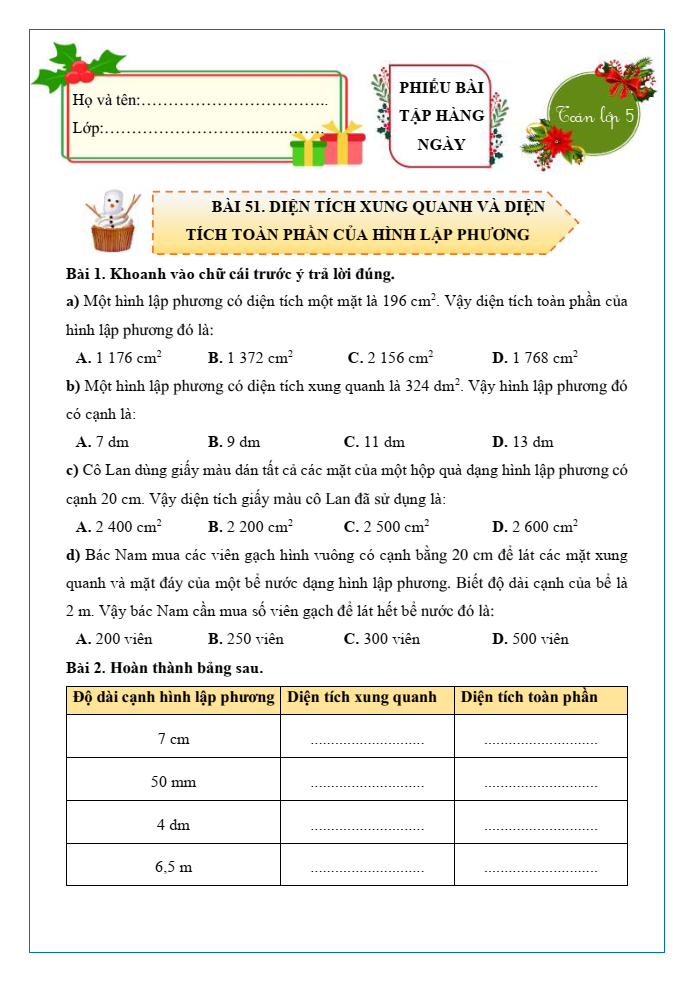 Bài tập hàng ngày Toán lớp 5 Bài 51: Diện tích xung quanh và diện tích toàn phần của hình lập phương | Kết nối tri thức
