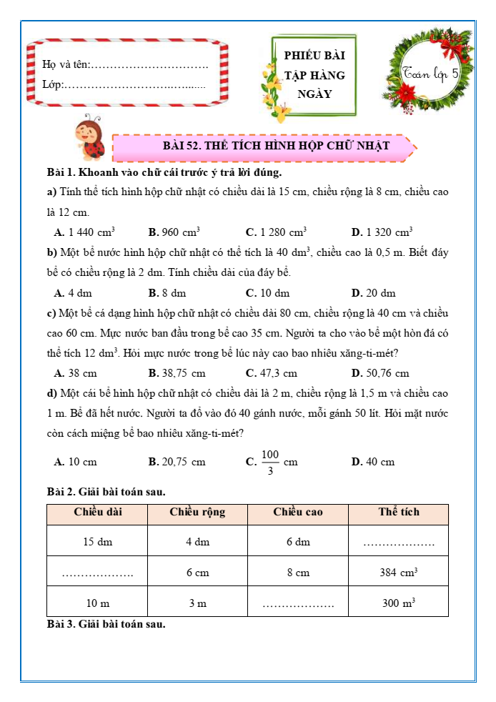Bài tập hàng ngày Toán lớp 5 Bài 52: Thể tích của hình hộp chữ nhật | Kết nối tri thức