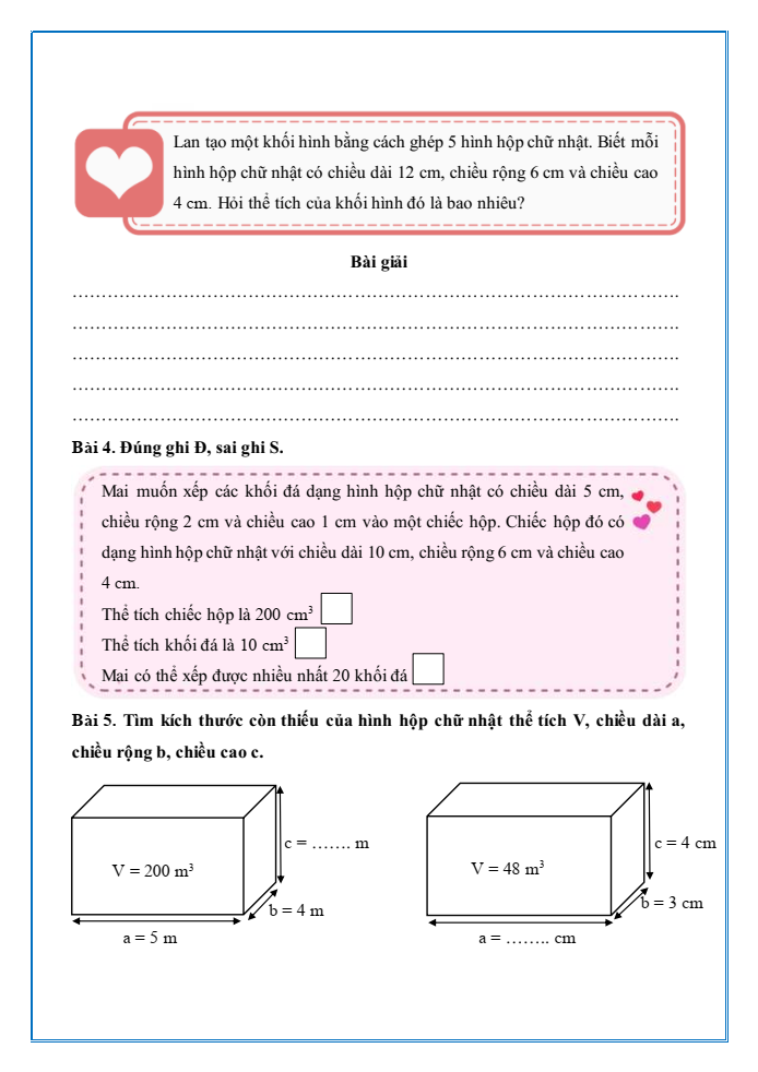 Bài tập hàng ngày Toán lớp 5 Bài 52: Thể tích của hình hộp chữ nhật | Kết nối tri thức