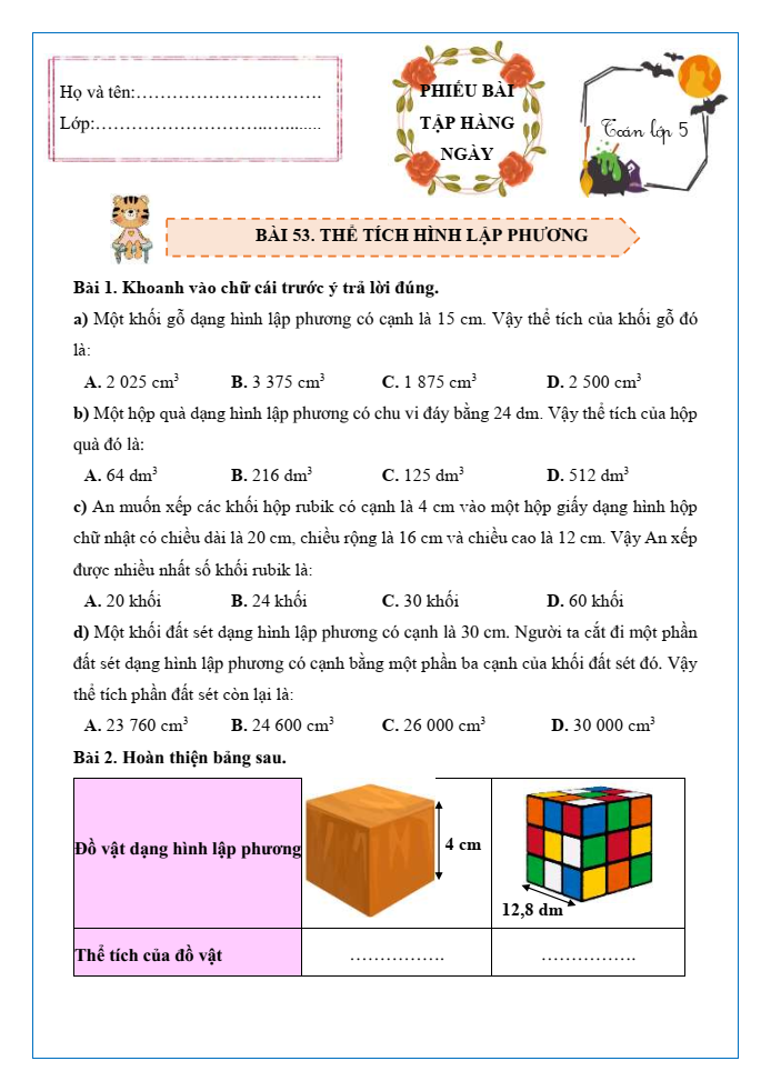 Bài tập hàng ngày Toán lớp 5 Bài 53: Thể tích của hình lập phương | Kết nối tri thức