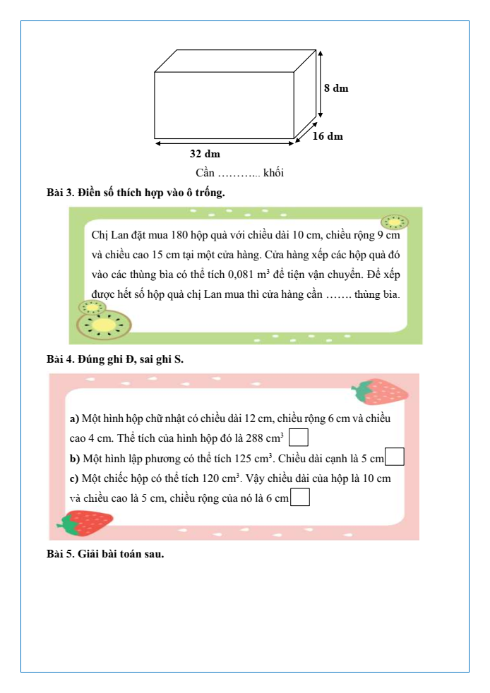 Bài tập hàng ngày Toán lớp 5 Bài 54: Thực hành tính toán và ước lượng thể tích một số hình khối | Kết nối tri thức