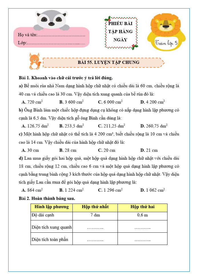 Bài tập hàng ngày Toán lớp 5 Bài 55: Luyện tập chung | Kết nối tri thức