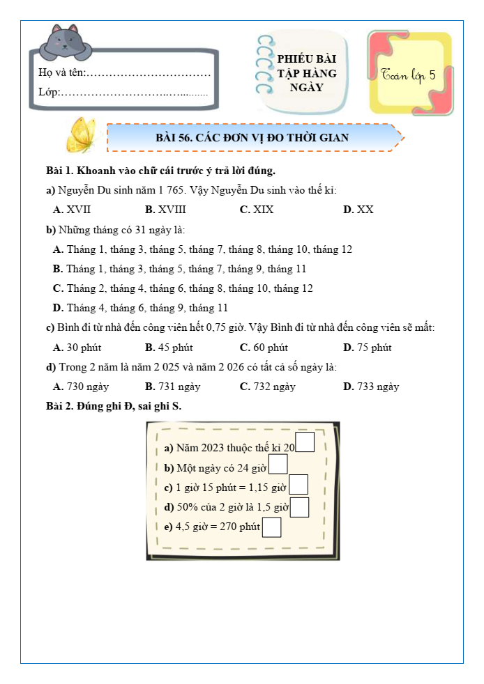 Bài tập hàng ngày Toán lớp 5 Bài 56: Các đơn vị đo thời gian | Kết nối tri thức