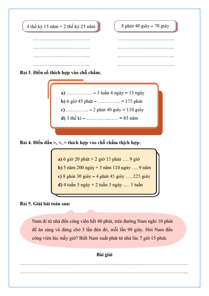 Bài tập hàng ngày Toán lớp 5 Bài 57: Cộng, trừ số đo thời gian | Kết nối tri thức
