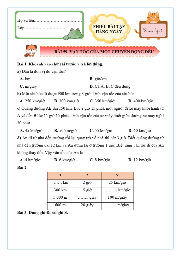 Bài tập hàng ngày Toán lớp 5 Bài 59: Vận tốc của một chuyển động đều | Kết nối tri thức