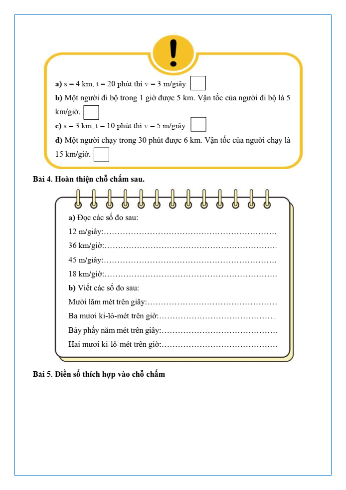 Bài tập hàng ngày Toán lớp 5 Bài 59: Vận tốc của một chuyển động đều | Kết nối tri thức