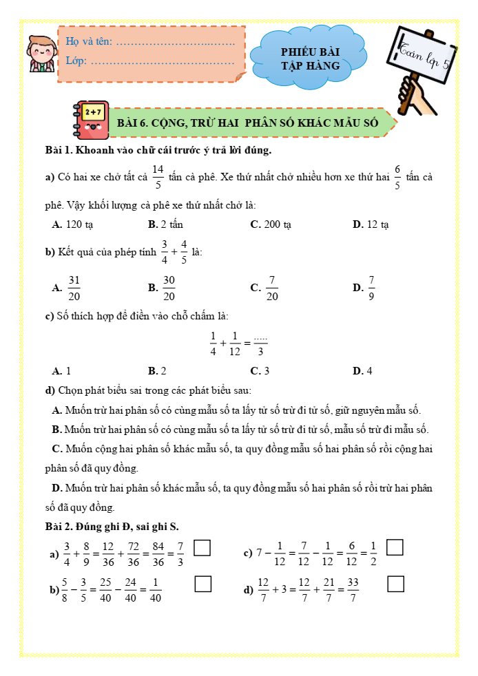 Bài tập hàng ngày Toán lớp 5 Bài 6: Cộng, trừ hai phân số khác mẫu số | Kết nối tri thức