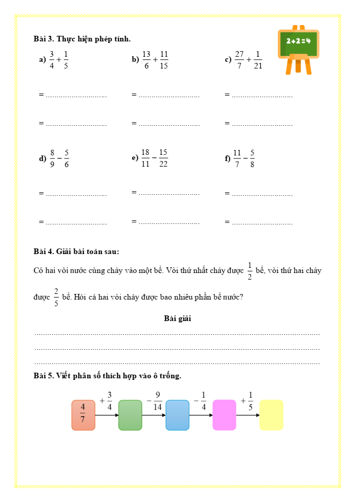Bài tập hàng ngày Toán lớp 5 Bài 6: Cộng, trừ hai phân số khác mẫu số | Kết nối tri thức