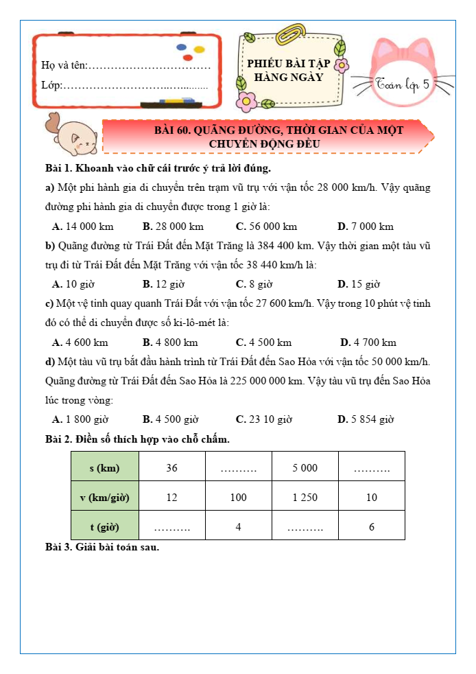 Bài tập hàng ngày Toán lớp 5 Bài 60: Quãng đường, thời gian của một chuyển động đều | Kết nối tri thức