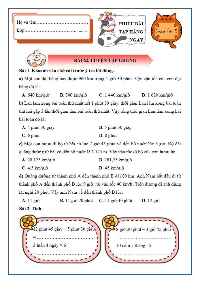 Bài tập hàng ngày Toán lớp 5 Bài 62: Luyện tập chung | Kết nối tri thức