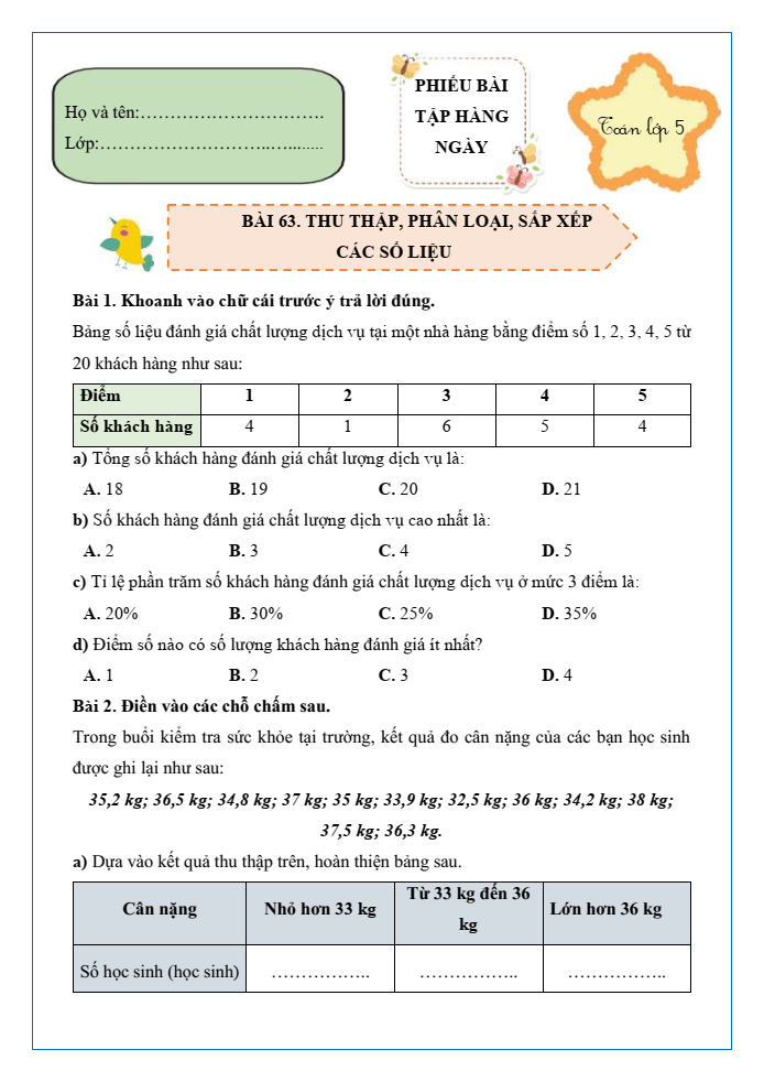 Bài tập hàng ngày Toán lớp 5 Bài 63: Thu thập, phân loại, sắp xếp các số liệu | Kết nối tri thức