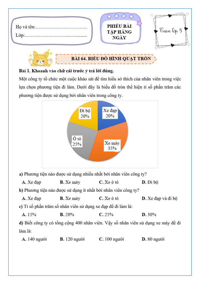 Bài tập hàng ngày Toán lớp 5 Bài 64: Biểu đồ hình quạt tròn | Kết nối tri thức